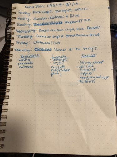 meal plan written in bullet journal