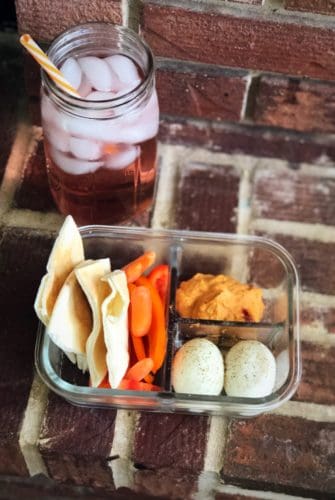 Meal Prep Snacks: hard-boiled eggs, veggies & pita bread with hummus.