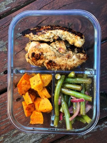 Weekly lunch prep: Grilled chicken, roasted sweet potatoes and green bean salad