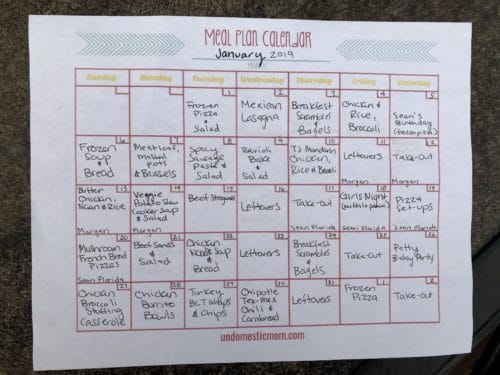monthly meal plan written on a calendar 