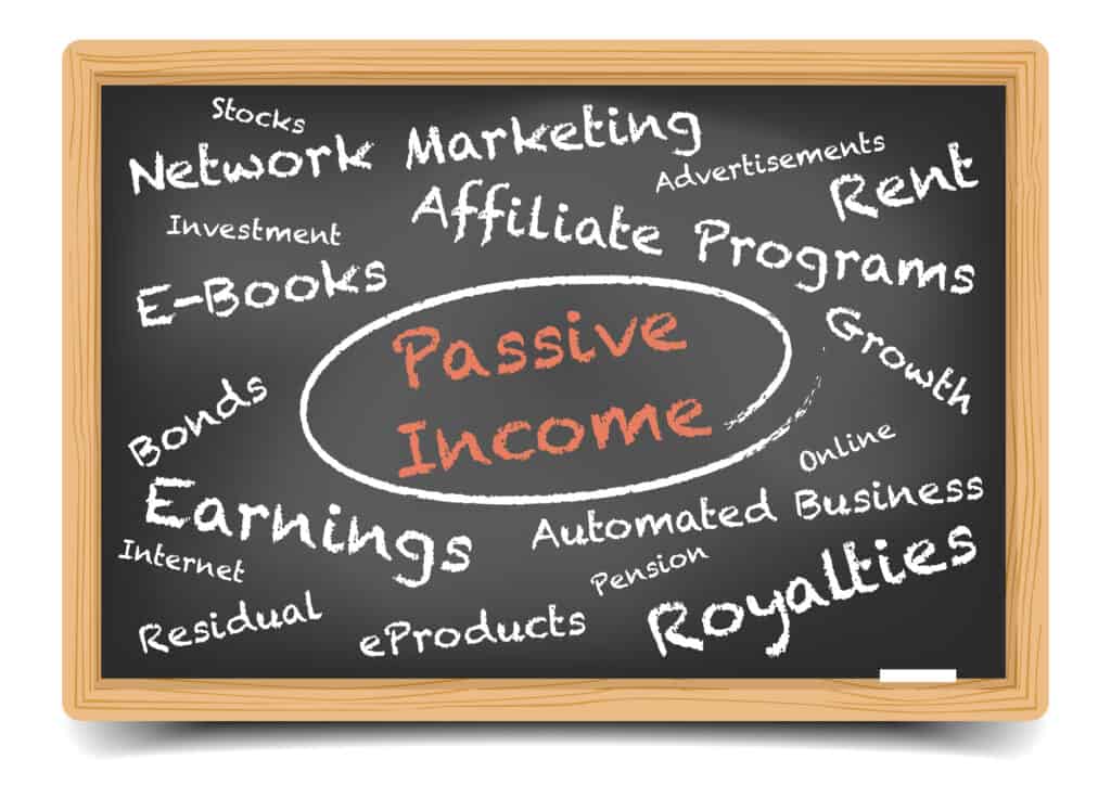 an illustration of a chalkboard with the words "passive income" written in red and examples of passive income written around it