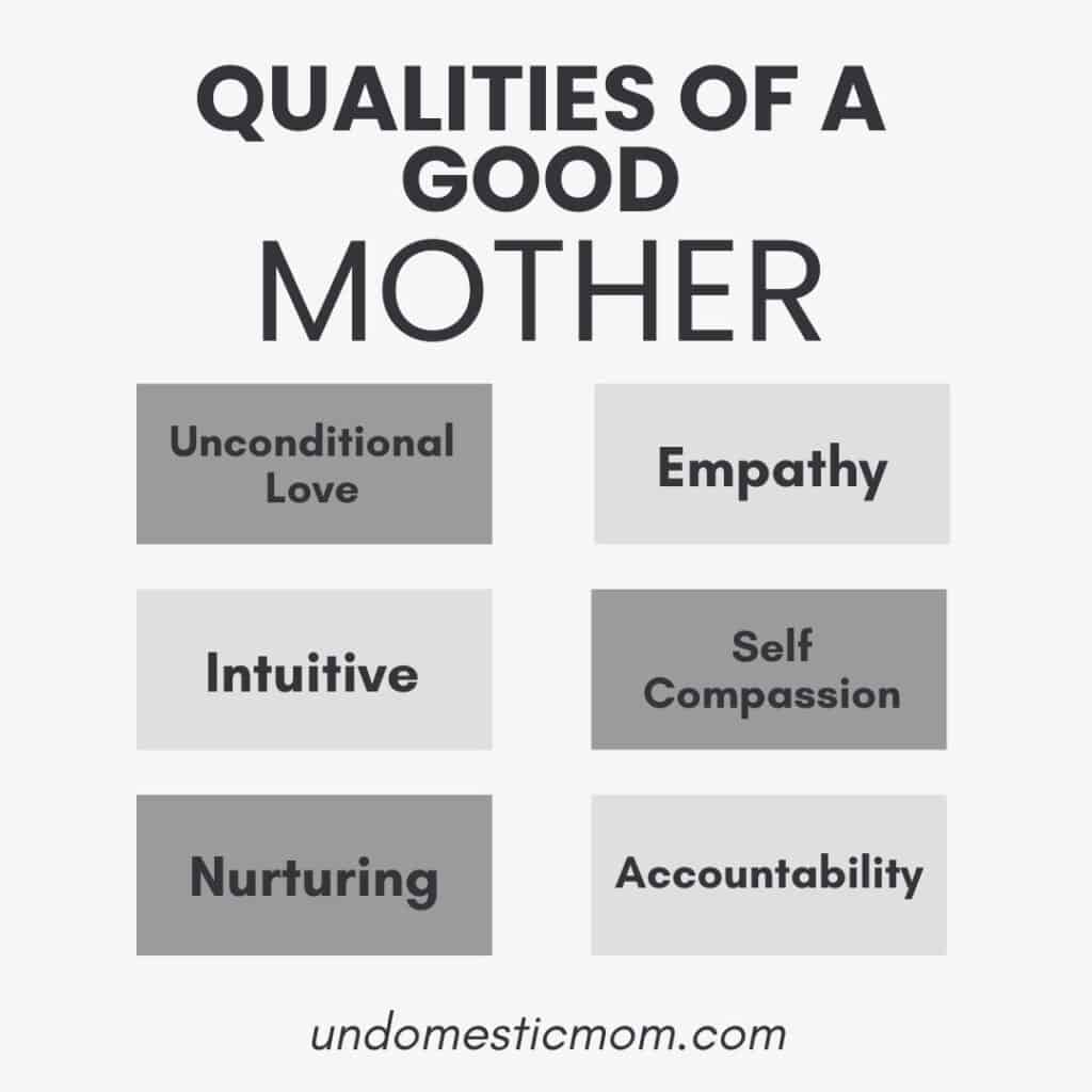graphic that says "qualities of a good mother" at the top with six words in grey boxes under it that say unconditional love, empathy, intuitive, self compassion, nurturing and accountability